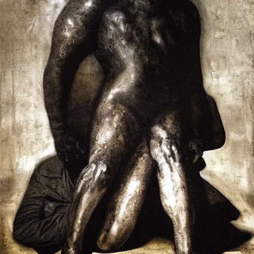 Image similar to The mixed mediart shows a the large, black-clad figure of the king looming over a small, defenseless figure huddled at his feet. The king's face is hidden in shadow, but his menacing stance and the large, sharp claws on his hands make it clear that he is a dangerous and powerful creature. by Nicola Samori realist