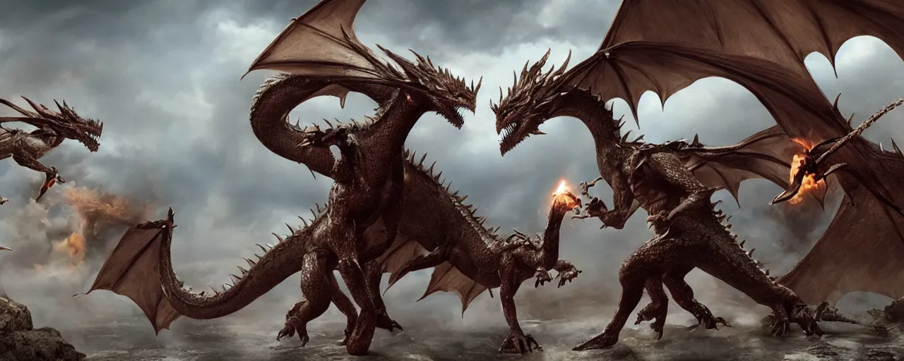 Prompt: in a fantasy setting are two dragons fighting, cinematic masterpiece