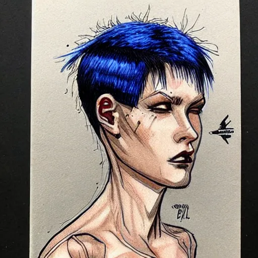 Image similar to intricate portrait, pure skin, 1 mm short blue hair, in the style of enki bilal!