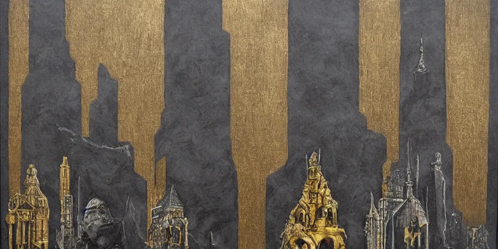 Image similar to charcoal art with adding gold leaf of monumental architecture inspired by h. p. lovecraft