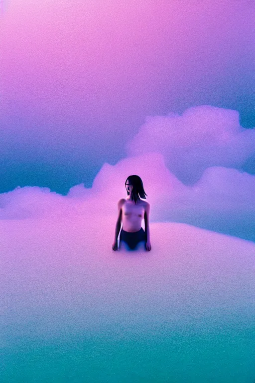 Image similar to high quality pastel coloured film close up wide angle photograph of a model wearing clothing swimming on cloud furniture in a icelandic black rock!! environment in a partially haze filled dreamstate world. three point light, rainbow. photographic production. art directed. pastel colours. volumetric clouds. pastel gradient overlay. waves glitch artefacts. extreme facial clarity. 8 k. filmic.