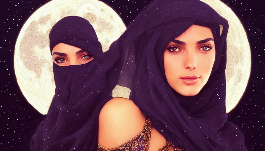 Prompt: Portrait of very very very very beautiful Arab woman wearing a Niqab, under giant full moon in the desert, intricate, glowing magical eyes, energy trails, elegant, highly detailed, digital painting, artstation, concept art, smooth, sharp focus, illustration, art by artgerm and greg rutkowski and alphonse mucha