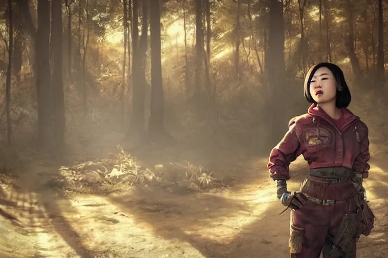 Image similar to fallout 5, charismatic beautiful rugged asian female protagonist, portrait, outdoors in forest area near a tori gate of a nearby shinto shrine, atmospheric lighting, painted, intricate, volumetric lighting, daytime, winter, clear weather, golden hour, sharp focus, ultra detailed, art by william turner