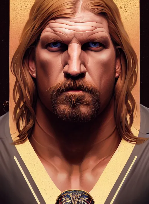 Image similar to symmetry!! portrait of wrestler triple h, intricate, elegant, highly detailed, digital painting, artstation, concept art, smooth, sharp focus, illustration, art by artgerm and greg rutkowski and alphonse mucha