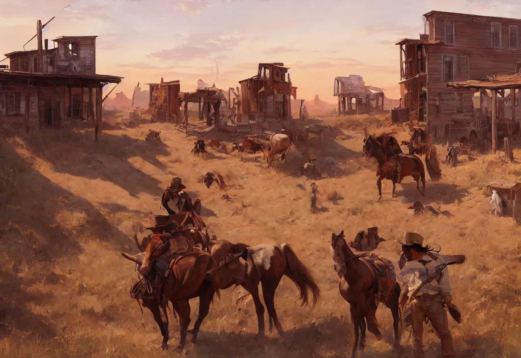 Image similar to greg manchess painting of a wild west abandoned town landscape with no person nor horse in the painting only buildings in the year 1 8 5 0, nobody living there, painting, trending on artstation, by huang guangjian and gil elvgren and sachin teng