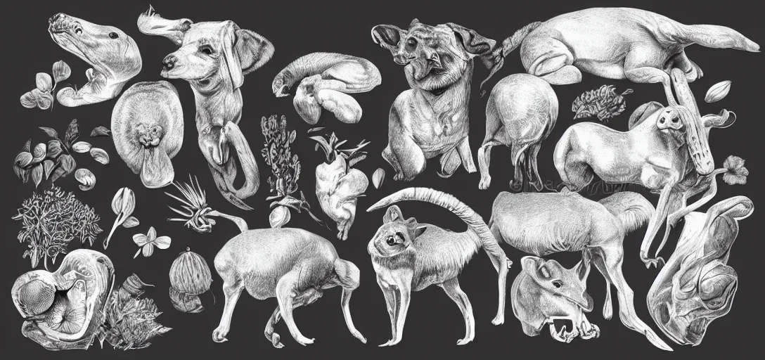 Prompt: animals and plants on a white background, high detail Illustration, Anatomical Drawing, Painting