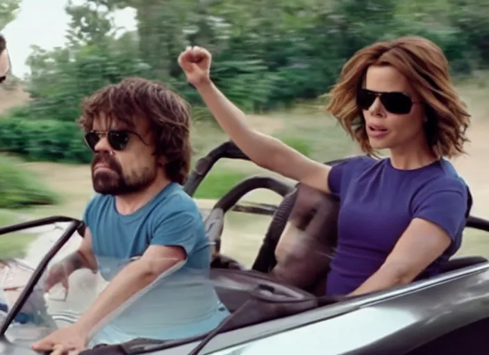 Prompt: peter dinklage and kate beckinsale driving a little tikes cozy coupe, movie still, from the new fast and furious tokyo drift movie, 8 k, realistic