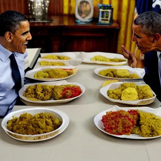 Prompt: Messi and Obama eat hummus and falafel