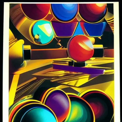 Image similar to a detailed rainbow colored surrealist painting by syd mead of a robot juggling icosahedrons, trending on artstation, masterpiece, incredible details