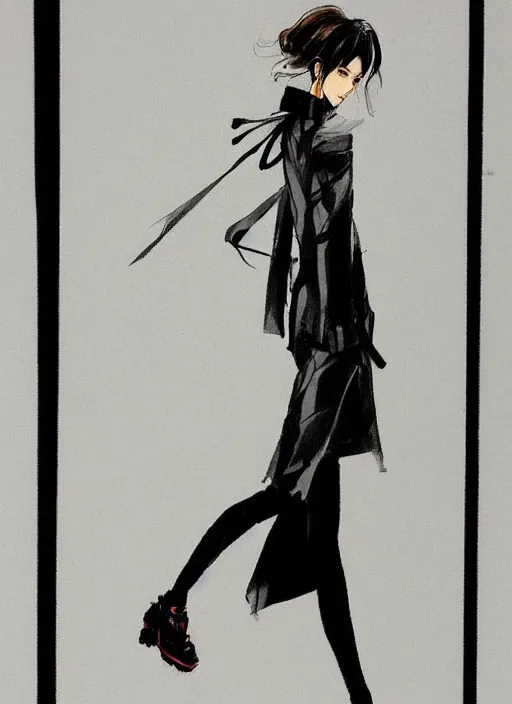 Prompt: a yoji shinkawa sketch of a girl with long legs wearing a one piece outfit and a black coat inspired by a puffy japanese kimono designed by balenciaga