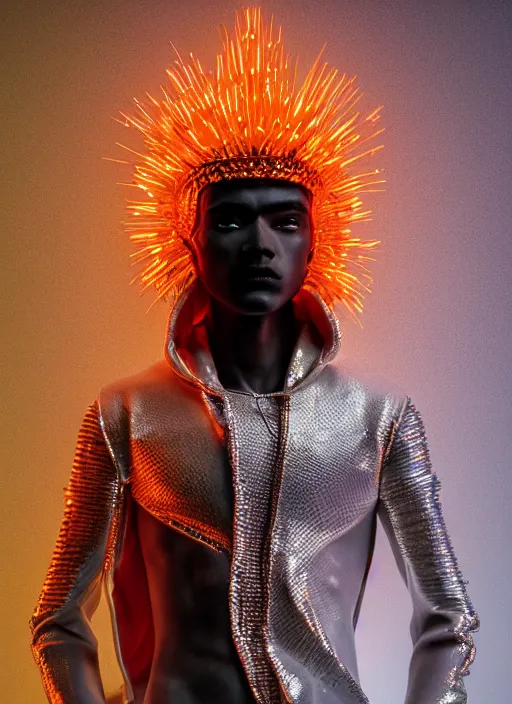 Image similar to photo of baroque and bladerunner delicate neon diamond sculpture of seductive ceramic albino prince reece king dotado creamy orange iridescent humanoid deity wearing white fluffy hoody holding diamond skull in a black metallic dungeon, reclining, glowing rainbow face, crown of white diamonds, cinematic lighting, photorealistic, octane render 8 k depth of field 3 d