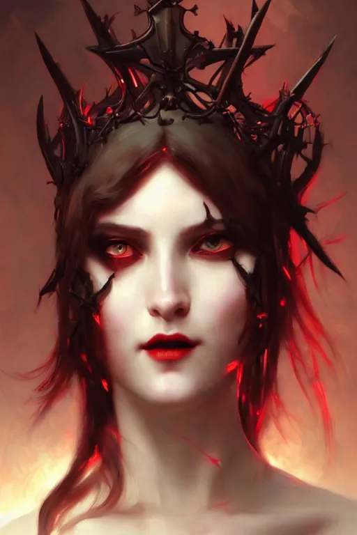 Image similar to Portrait of beautiful pale laughing succubus maiden with crown of thorns and glowing red eyes, steampunc, digital art from artstation by Ruan Jia and Mandy Jurgens and Artgerm and william-adolphe bouguereau