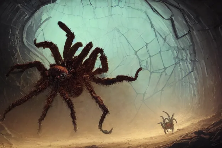 Prompt: a close - up view of a monstrous tarantula in a dark foreboding tunnel, with cobwebs, one man exploring, in the style of peter mohrbacher, dramatic lighting, atmospheric, low angle, wide angle, hyper - realistic, concept art, highly detailed digital painting, trending on artstation