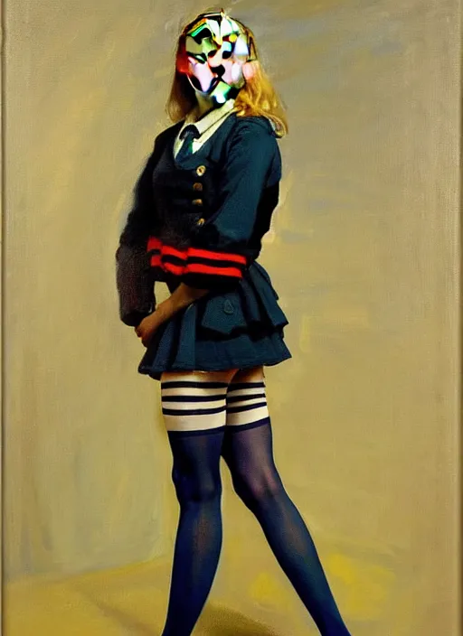 Image similar to oil painting of annasophia robb in a learning uniform, looking furious, startled, stockings, looking seductively attire by John Singer Sargent, Bryan Lee O'Malley, Edward Hopper
