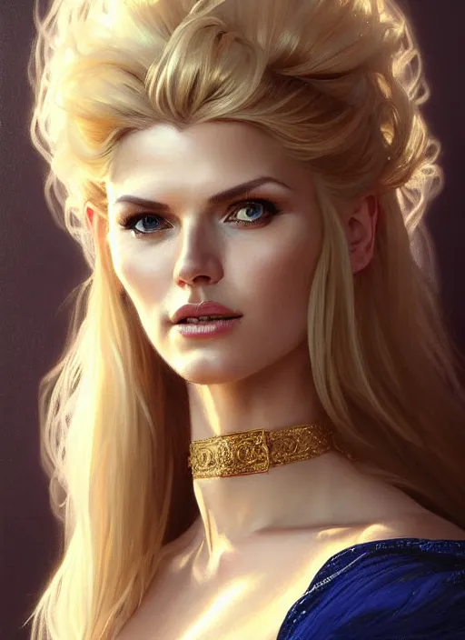 Image similar to portrait of victoria silvstedt as a lady, collar and leash, jewelry, greek, sapphire, intricate, headshot, highly detailed, digital painting, artstation, concept art, sharp focus, cinematic lighting, illustration, art by artgerm and greg rutkowski, alphonse mucha, cgsociety