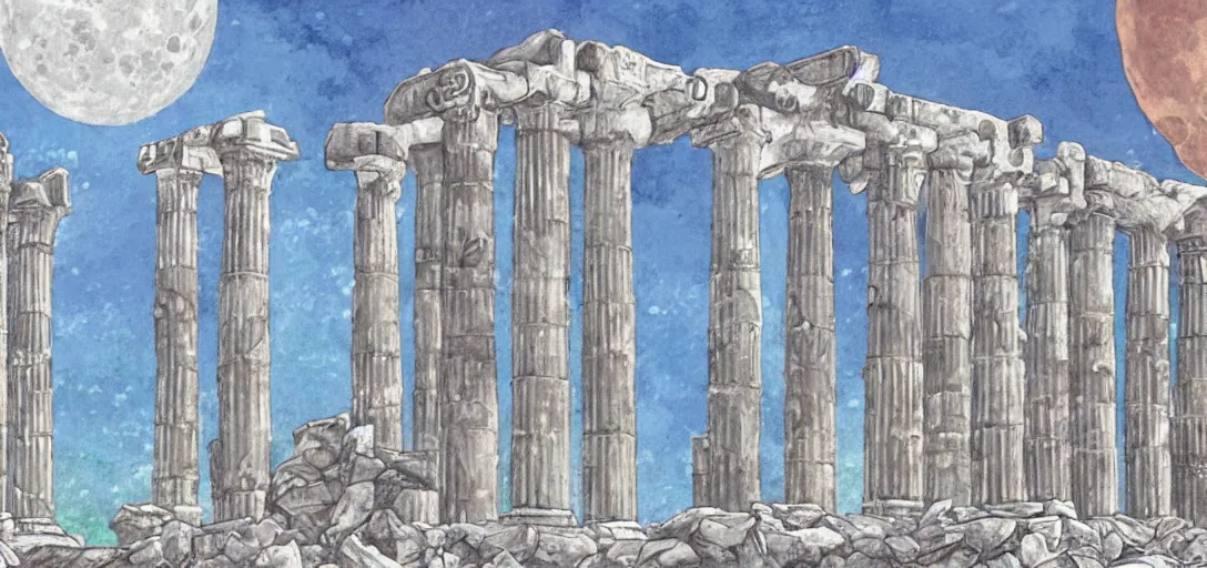 Image similar to The ruins of the Silver Millennium on the moon from Sailor Moon, digital painting, planet Earth in the distance, Greek-esque columns and ruins