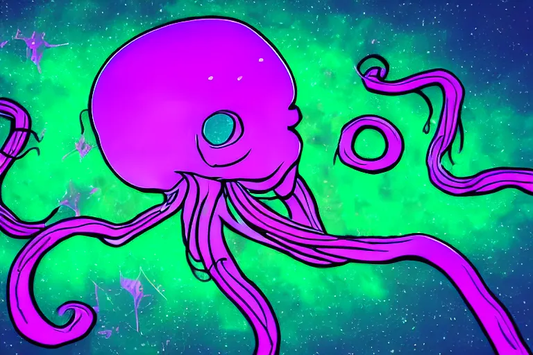 Image similar to digital art of a neon purple octopus floating in space by flooko, neon outline, sharp lines, blurry background (arcylic), ((synthwave)),