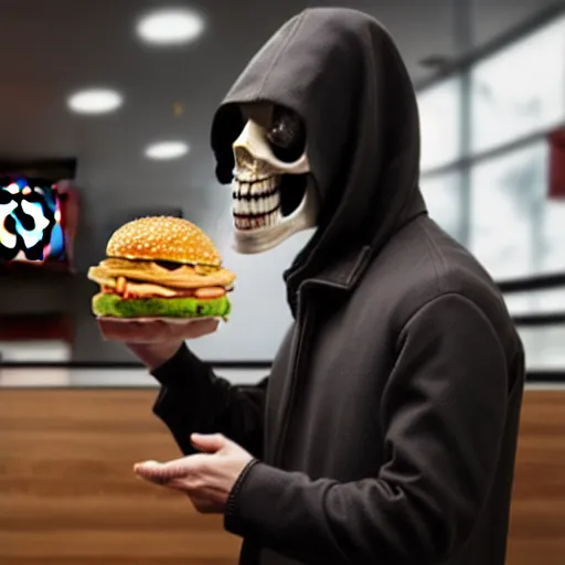 Image similar to photograph of a man with a skull reaper head begging for food at mc donalds, 8k resolution, high detail, ULTRA REALISTIC VFX, reflections