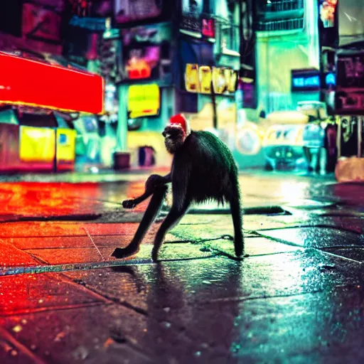 Image similar to a high quality low wide angle photo of a Mandrill monkey on the streets of a cyberpunk city, rainy, reflective ground, neon lights, realism, 8k