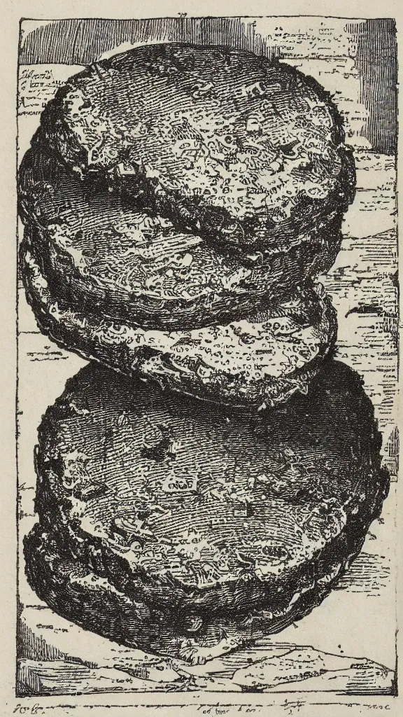 Prompt: esoteric etching print of a mcdonald's burger and fries, amphitheatrum sapientiae aeternae, 1 5 9 5