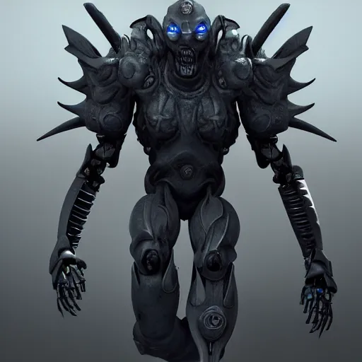 Prompt: futuristic robot demon. eldenring boss, zbrush, arnold render, unrealengine 5, dark souls, horror, extremely detailed