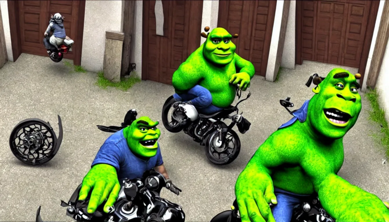 Prompt: doorbell cam footage shrek riding motorbike on one wheel, hilarious, funny, meme, realistic, detailed, 4 k