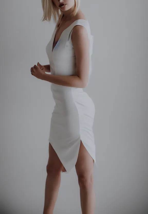 Image similar to photo of gorgeous seductive tall emily skinner cosplaying annie leonhart wearing open toe heels, wearing tight white dress, in a white room, beautiful face, pale skin, rule of thirds, cinematic lighting, sharp focus, backlit, stunning, smooth, hard focus, full body shot, studio photo, shot on sony a 7 iii