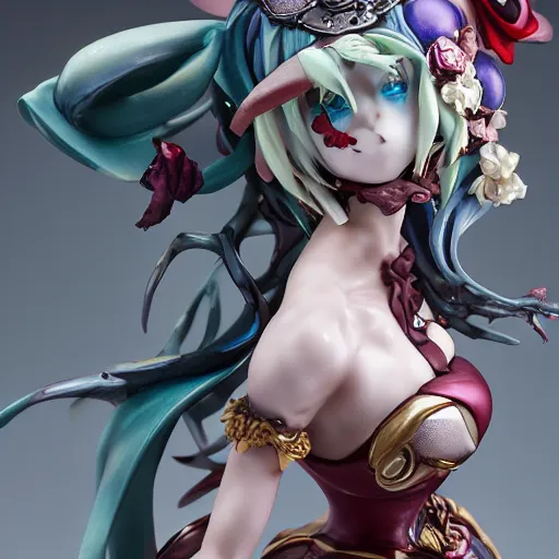 Image similar to by Yoshitaka Amano, by James Jean, by Good Smile Company, detailed resin anime sculpture of a 26yo female jester necromancer wearing a skull hat, close up dslr studio photograph, headshot, portrait, artstation, grimdark costume, rim lighting