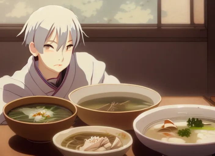 Image similar to a film still portrait of a bowl with miso soup, finely detailed features, closeup at the food, perfect art, at a dinner table, gapmoe yandere grimdark, trending on pixiv fanbox, painted by greg rutkowski makoto shinkai takashi takeuchi studio ghibli, akihiko yoshida