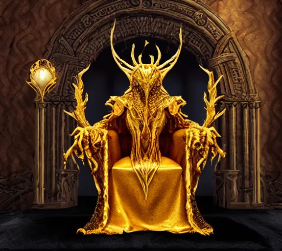 Image similar to the gold cloak enitty sits on the lovecraftian throne H 576