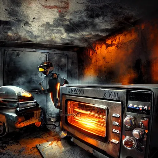 Image similar to cyborg toaster oven repairman, dark messy smoke - filled cluttered workshop, dark, dramatic lighting, orange tint, sparks, plasma rays, cinematic, highly detailed, sci - fi, futuristic, movie still