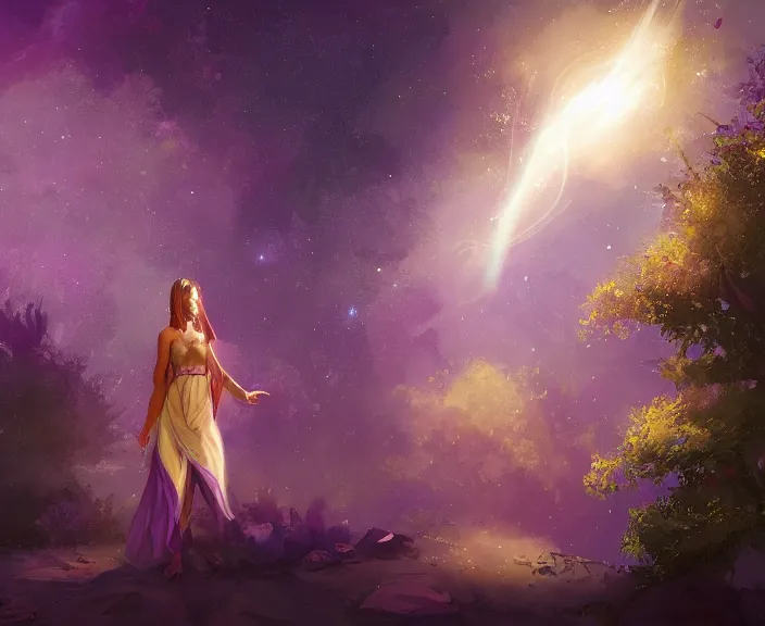 Image similar to an illustration of a mystical spiritual scene with a young woman in it, with starry dusted light, purple - tinted, wide - angle, high contrast, highly detailed, sharp focus, digital painting, illustration, trending on artstation,