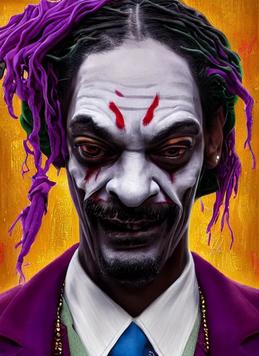 Image similar to portrait of snoop dogg as joker, hyper detailed, digital art, trending in artstation, cinematic lighting, studio quality, smooth render, unreal engine 5 rendered, octane rendered, art style by klimt and nixeu and ian sprigger and wlop and krenz cushart.