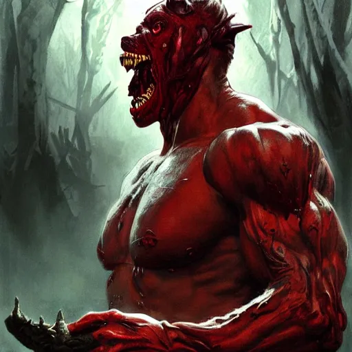 Prompt: Dark Fantasy Painting of a muscular red beast with blood dripping from its mouth, creepy, unsettling, horror, upper body, intricate, wild, highly detailed, digital painting, artstation, concept art, smooth, sharp focus, illustration, art by artgerm and greg rutkowski and alphonse mucha