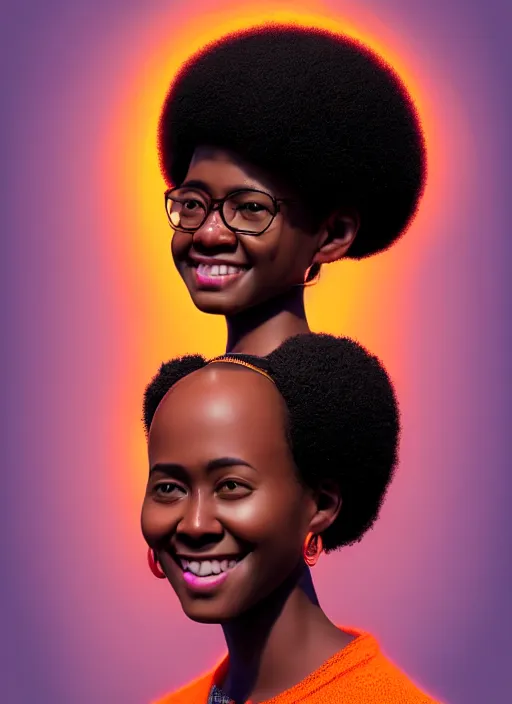 Image similar to portrait of shy black girl, realistic, natural hair, afro puffs, pointy nose, skinny, smile, nerdy, defined jawline, big chin, orange hair bow, earrings, intricate, elegant, glowing lights, highly detailed, digital painting, artstation, sharp focus, illustration, art by wlop, mars ravelo and greg rutkowski