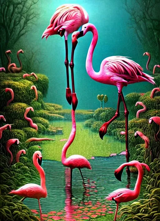 Image similar to hyper detailed 3d render like a Oil painting - the secret garden with flamingos by Jacek Yerka, Mariusz Lewandowski, Houdini algorithmic generative render, Abstract brush strokes, Masterpiece, Edward Hopper and James Gilleard, Zdzislaw Beksinski, Mark Ryden, Wolfgang Lettl, hints of Yayoi Kasuma, octane render, 8k