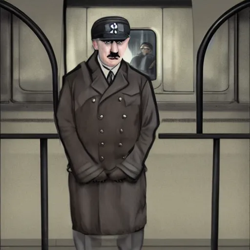 Image similar to hitler as midget standing in train station, portrait, artstation, concept art by greg rutkowsk