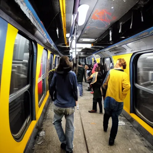 Prompt: a crowd of people in a train yard by night spray painting on subway cars