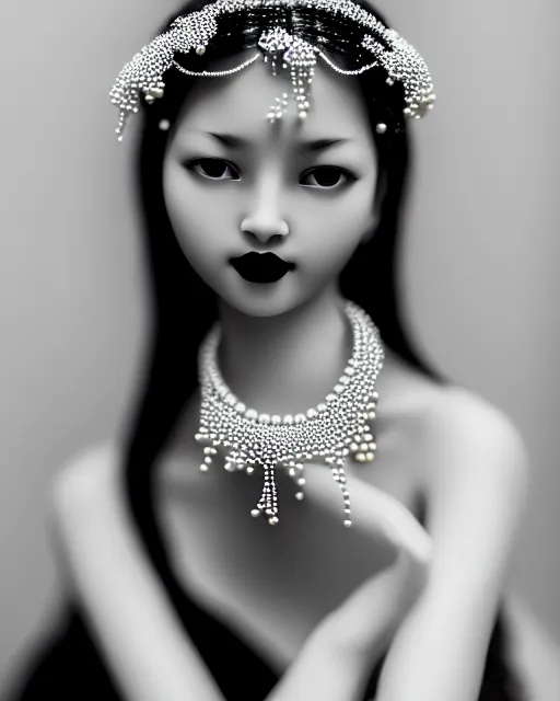 Image similar to black and white dreamy young beautiful female artificial intelligence, ornament very small pearls in the face, long hair are intricate with highly detailed small pearls, cinematic, rim light, bokeh, photo - realistic, elegant, high detail, 8 k, masterpiece, photo taken in 1 9 3 0