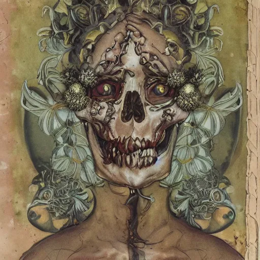 Image similar to a beautiful detailed front view baroque portrait of a rotten woman corpse becoming almost a skull with fractal plants and fractal flowers and mushrooms growing around, intricate, ornate, volumetric light, beautiful lit, polaroid photography