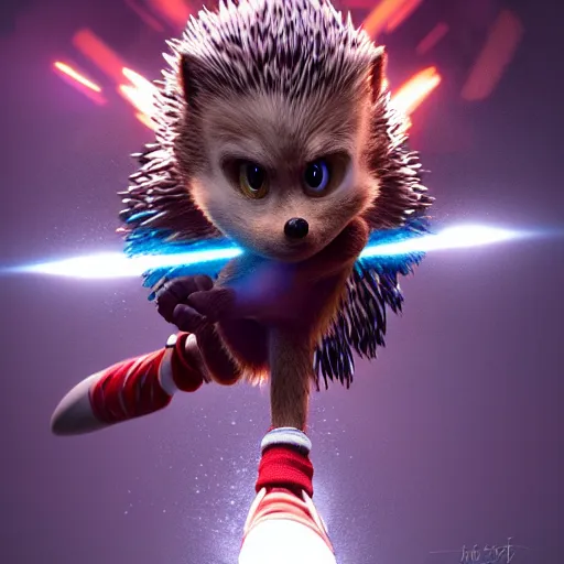 Image similar to hyperrealistic sonic the hedgehog, stunning 3 d render inspired by istvan sandorfi & greg rutkowski & mike judge, perfect symmetry, dim volumetric cinematic lighting, 8 k octane comprehensive render, extremely mega hyper - detailed and lifelike attributes & atmosphere, intricate, realistic flesh texture, masterpiece, artstation, stunning,