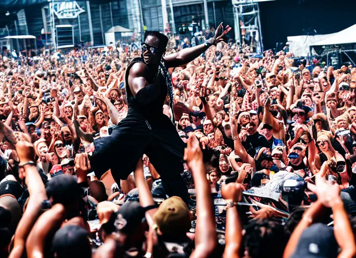 Image similar to photo still of wesley snipes from demolition man on stage at vans warped tour!!!!!!!! at age 3 3 years old 3 3 years of age!!!!!!!! stage diving into the crowd, 8 k, 8 5 mm f 1. 8, studio lighting, rim light, right side key light