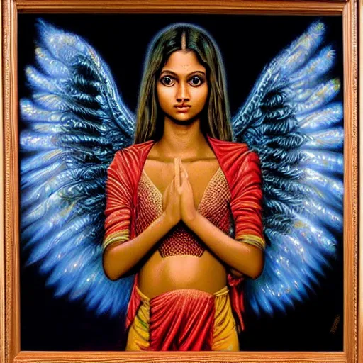 Prompt: Sri lankan girl as a winged angel covered in eyes with glowing halo, iridescent, seraphim, art by Jason Edmiston