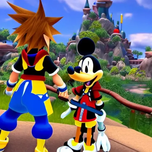 Image similar to A leaked image of a Warrior cats world in Kingdom Hearts 4, Kingdom hearts worlds, Sora donald and Goofy exploring the world of Warrior cats, action rpg Video game, Sora wielding a keyblade, Disney inspired, cartoony shaders, rtx on