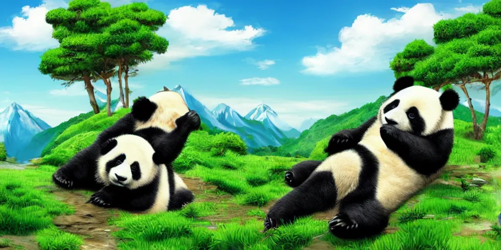 Prompt: a sweet panda in the foreground, a green lifeful landscape with mountains seas and big trees, hyperrealistic, highly detailed, 4k, blue sky with clouds and the sun