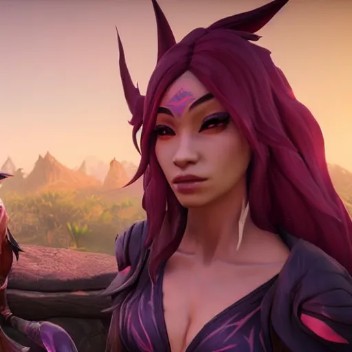 Prompt: xayah and kai'sai, league of legends, unreal engine, by weta digital, 3 - dimensional, rays of shimmering light, best friends