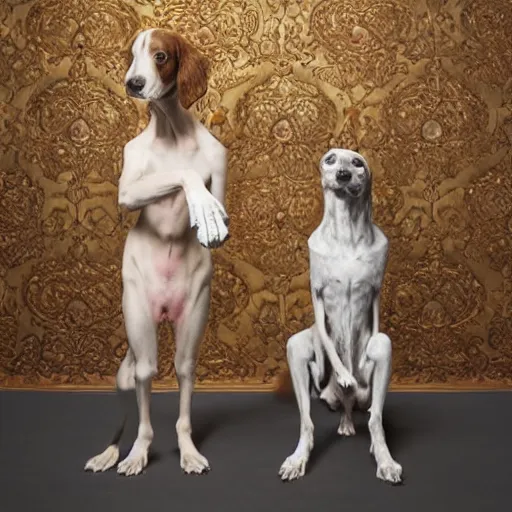 Prompt: a william wegman photograph of two dogs standing on hind legs 4k, hyperrealistic, focused, extreme details, unreal engine 5, cinematic, masterpiece, high resolution, detailed, painting by raqib shaw W- 1080