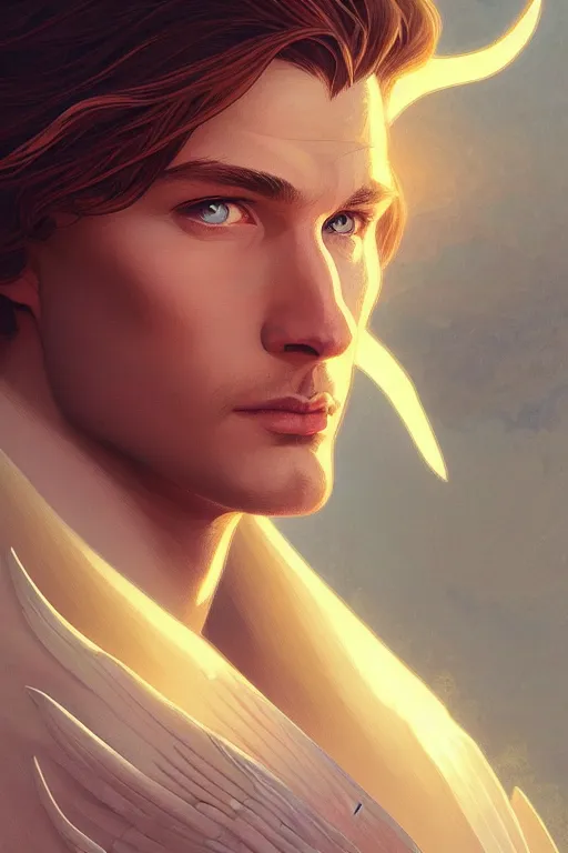 Prompt: a portrait of warren worthington, angel, male, fantasy, sharp focus, intricate, elegant, digital painting, artstation, matte, highly detailed, concept art, illustration, ambient lighting, art by ilya kuvshinov, artgerm, alphonse mucha, and greg rutkowski