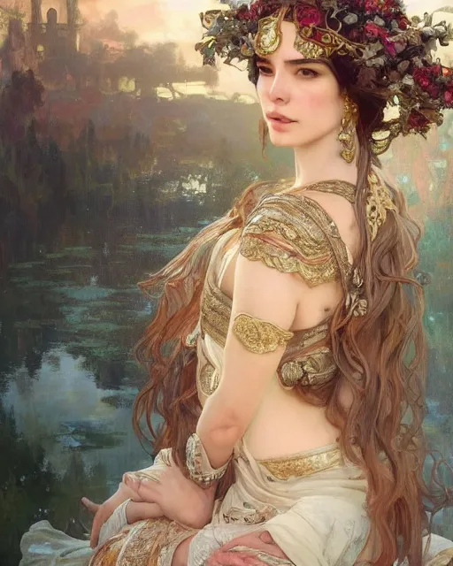 Image similar to a beautiful close up portrait of a sorceress sitting with elegant looks, flowing robe, ornate and flowing, intricate and soft by ruan jia, tom bagshaw, alphonse mucha, krenz cushart, beautiful roman architectural ruins in the background, epic sky, vray render, artstation, deviantart, pinterest, 5 0 0 px models