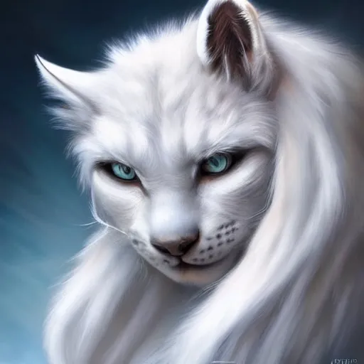 Image similar to beautiful realistic portrait of a person with white lynx head by artgerm, furry fantasy art